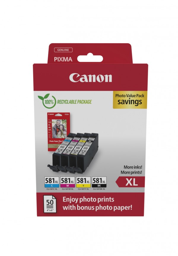 Canon Ink Value Pack CLI-581 XL C/M/Y/BK je 8,3ml + 4x6 Photo Paper (PP-20150)
